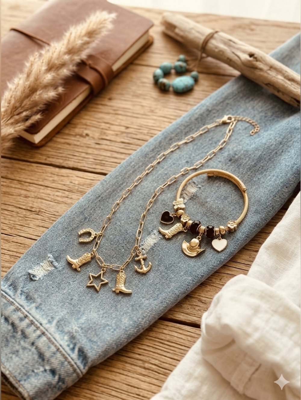 ⚡️2 Pc Set Paperclip Charm Necklace & Gold Tone Charm Western Bracelet NNT